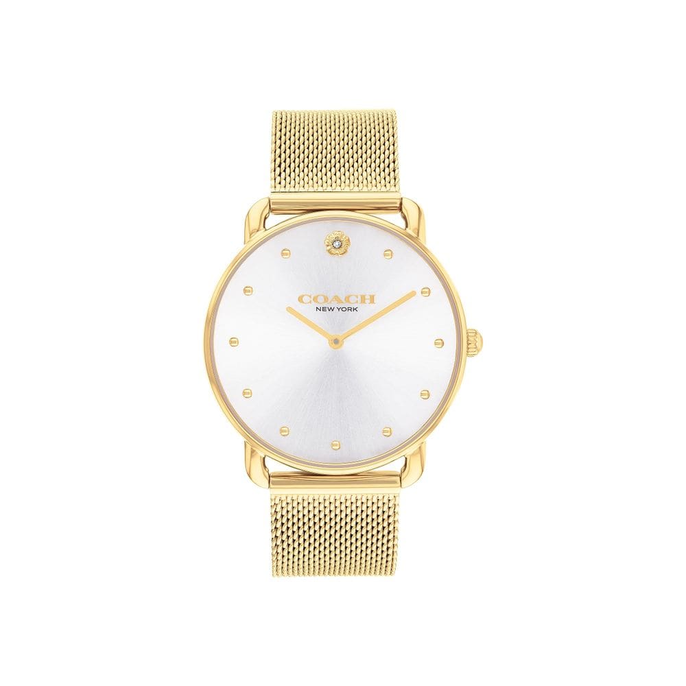 Relógio Coach Elliot feminino elegante em ouro com pulseira de malha