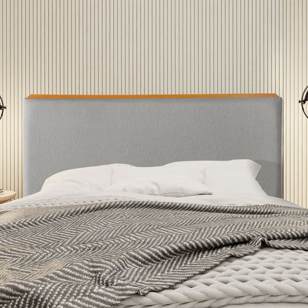Cabeceira Cama Box Casal 1,40m Estofada Detalhe em Madeira Java Linho Cinza