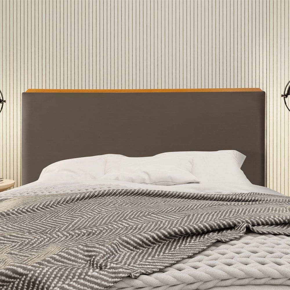 Cabeceira Cama Box Queen 1,60m Estofada Detalhe em Madeira Java Veludo Marrom