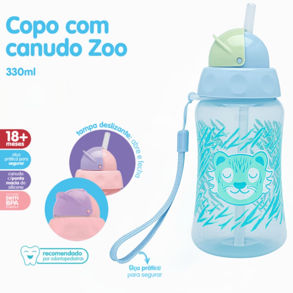 Copo Infantil Com Canudo Zoo Lolly Kinddy Cor Azul Claro 330ml