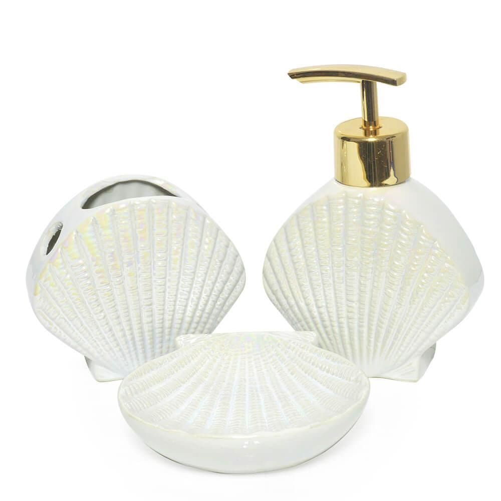 Kit Para Banheiro Lavabo 3 Peças Sereia Concha Perolado