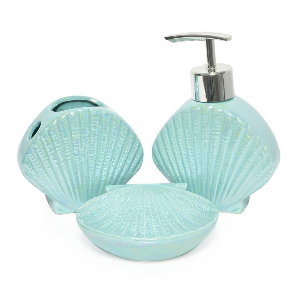 Kit Para Banheiro Lavabo 3 Peças Sereia Concha Perolado