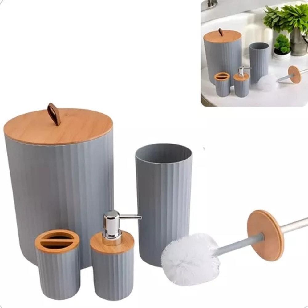 Kit Banheiro Lixeira 4 Peças Luxo Tampa Bambu Porta Escova