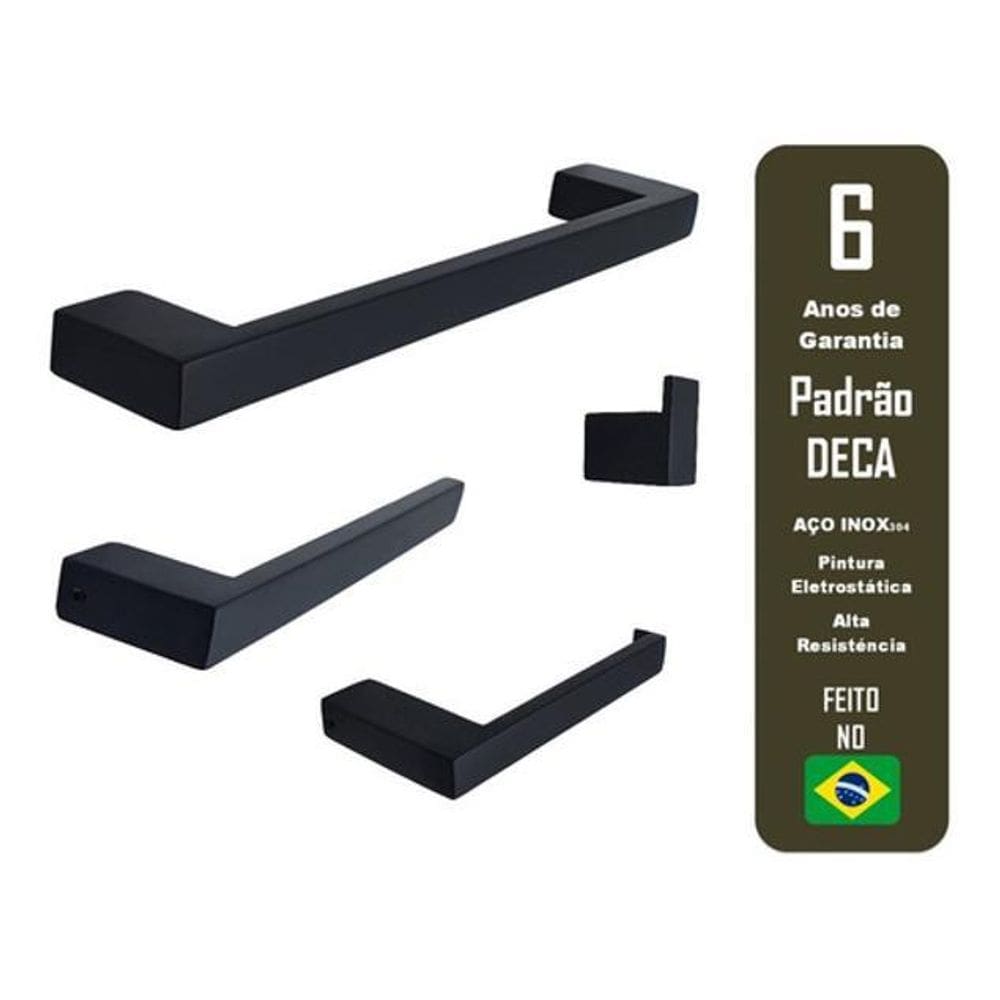 Kit Banheiro Preto Porta Tolhas 1 Papel E Cabide 4 Pçs Inox