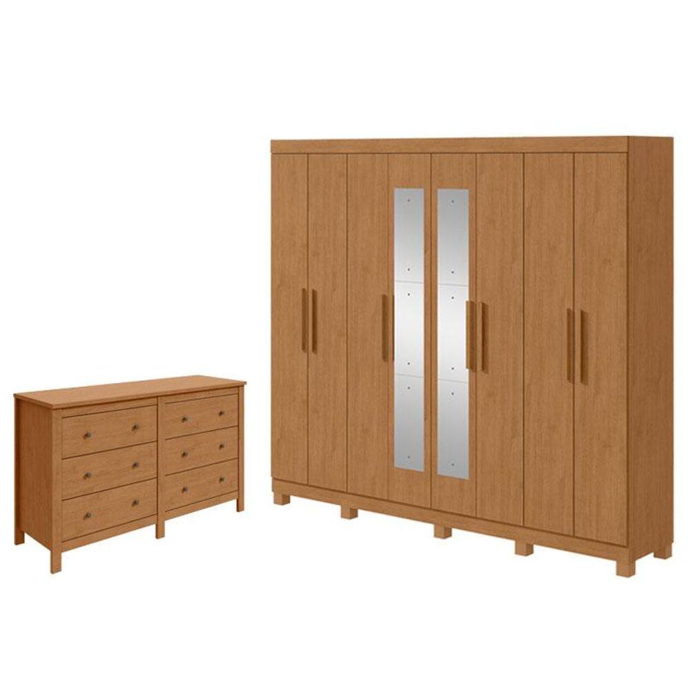 Guarda Roupa Casal Andara Soft com Espelho e Pés com Cômoda Horizontal Maggiore Amêndoa Clean - Lopas
