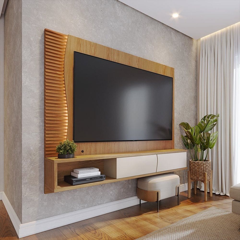 Painel para Tv até 65" com Led Detalhe Ripado 2 Portas Egeu Freijó / Off White Matte