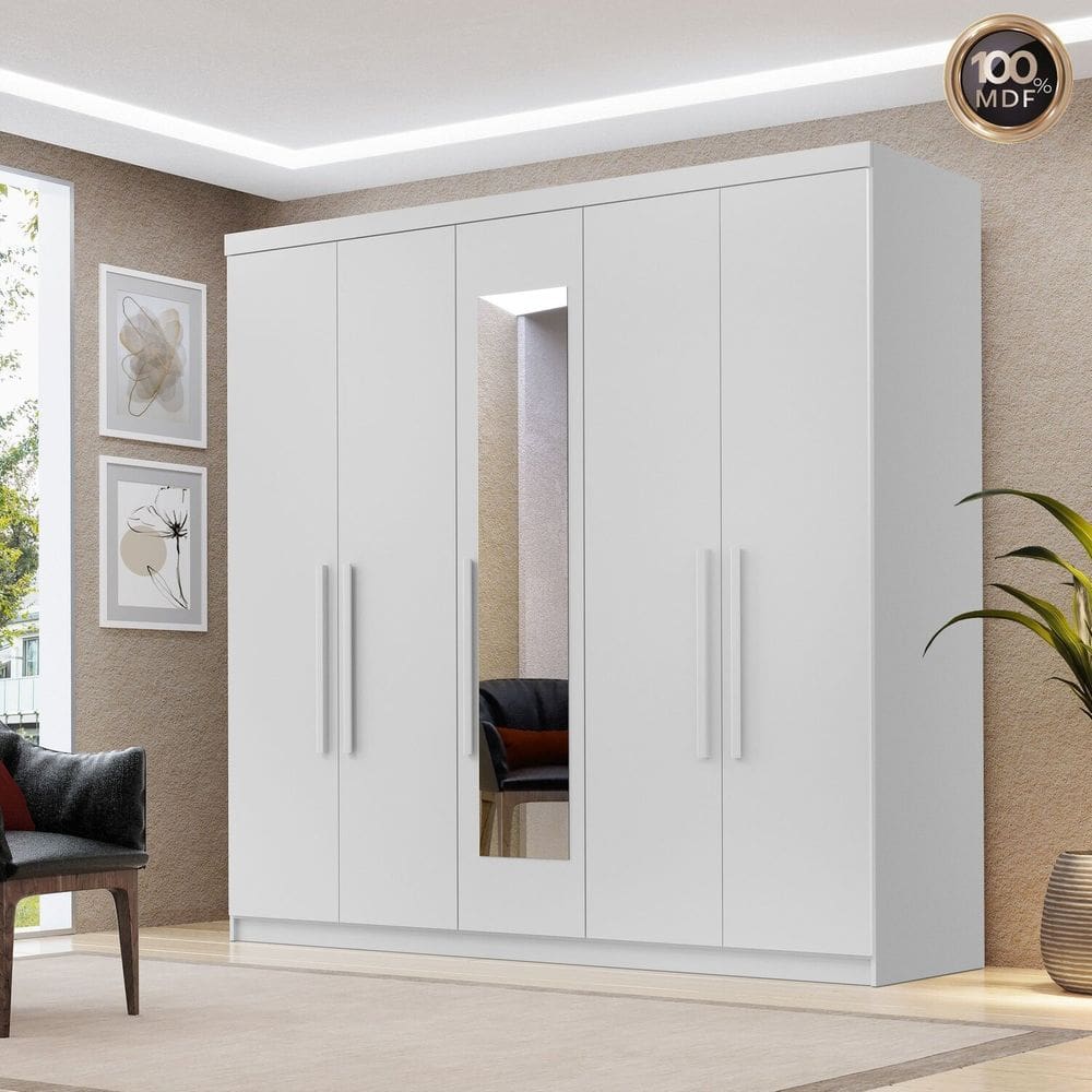 Guarda-roupa com Sapateira Glamour 5 Portas com Espelho Branco