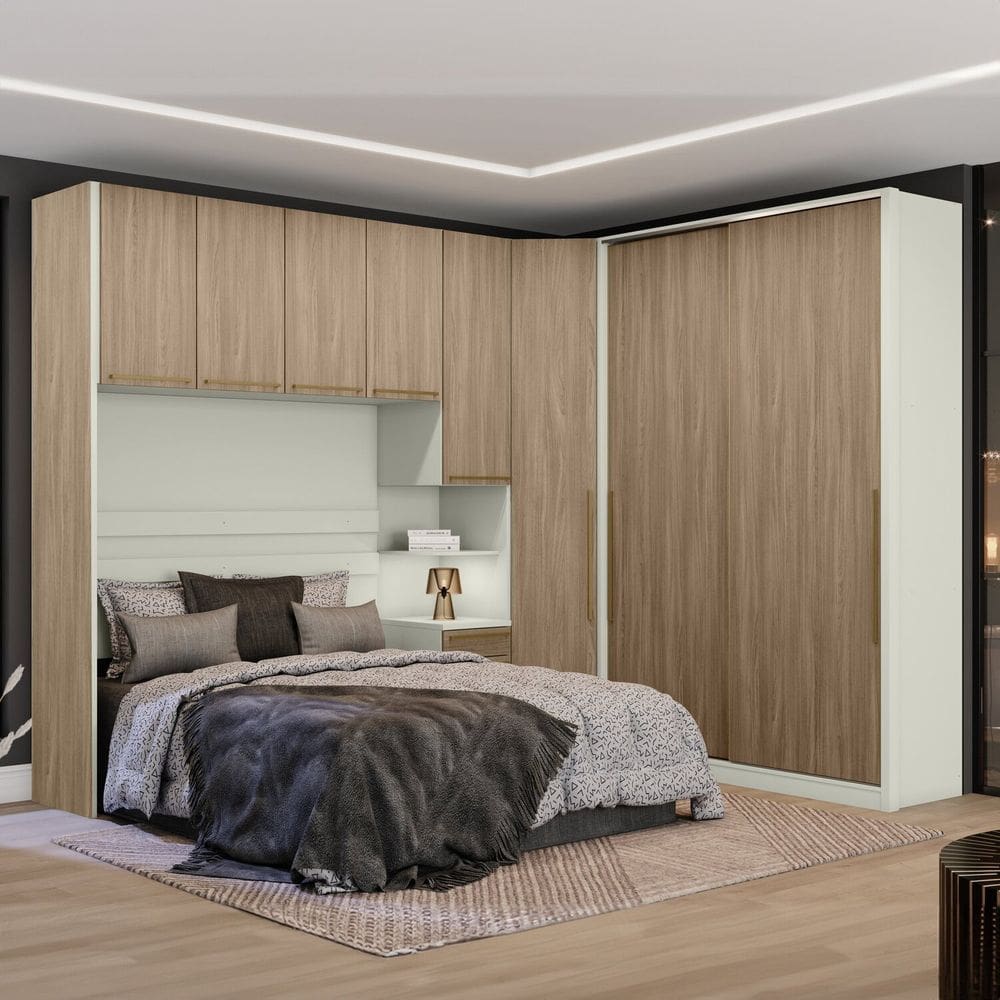 Quarto Modulado Casal Completo 8 Portas 6 Gavetas Canto Oblíquo Seletto Areia /Jequitibá