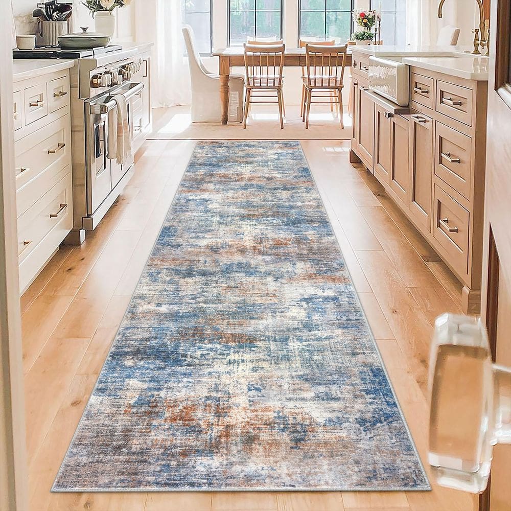 Tapete Runner IOHOUZE Abstrato 90x300cm Lavável Azul Ferrugem