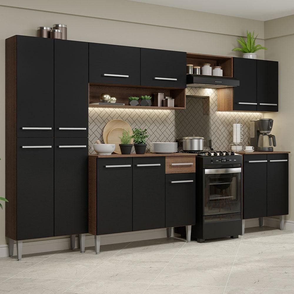 Armário De Cozinha Com Balcão E Paneleiro Rustic/Preto