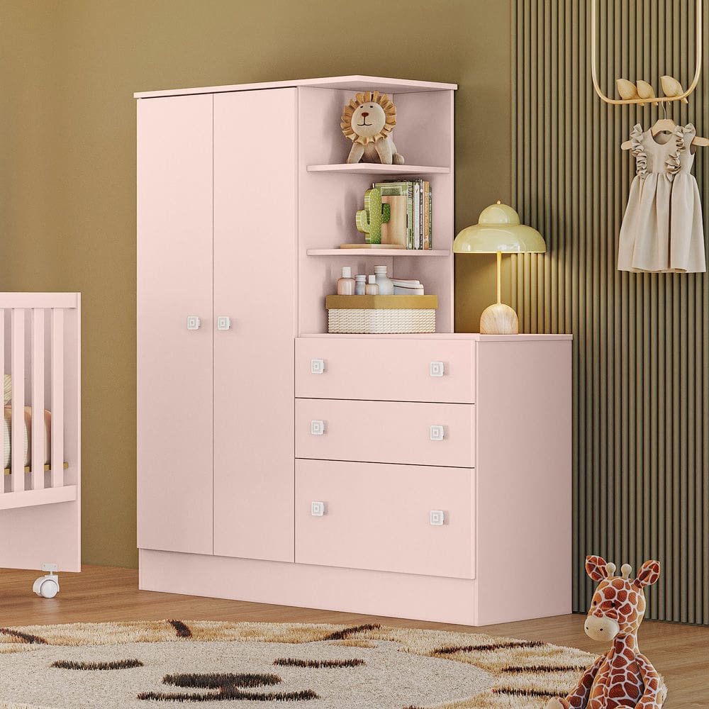 Guarda Roupa Roupeiro com Cômoda Doce Sonho Rosa Qmovi
