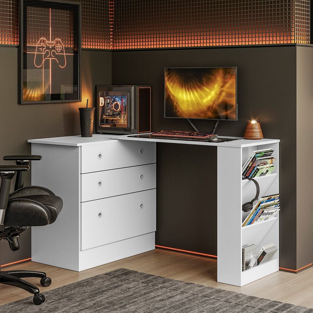 Cômoda com Mesa Giratória Gamer Branco Qmovi