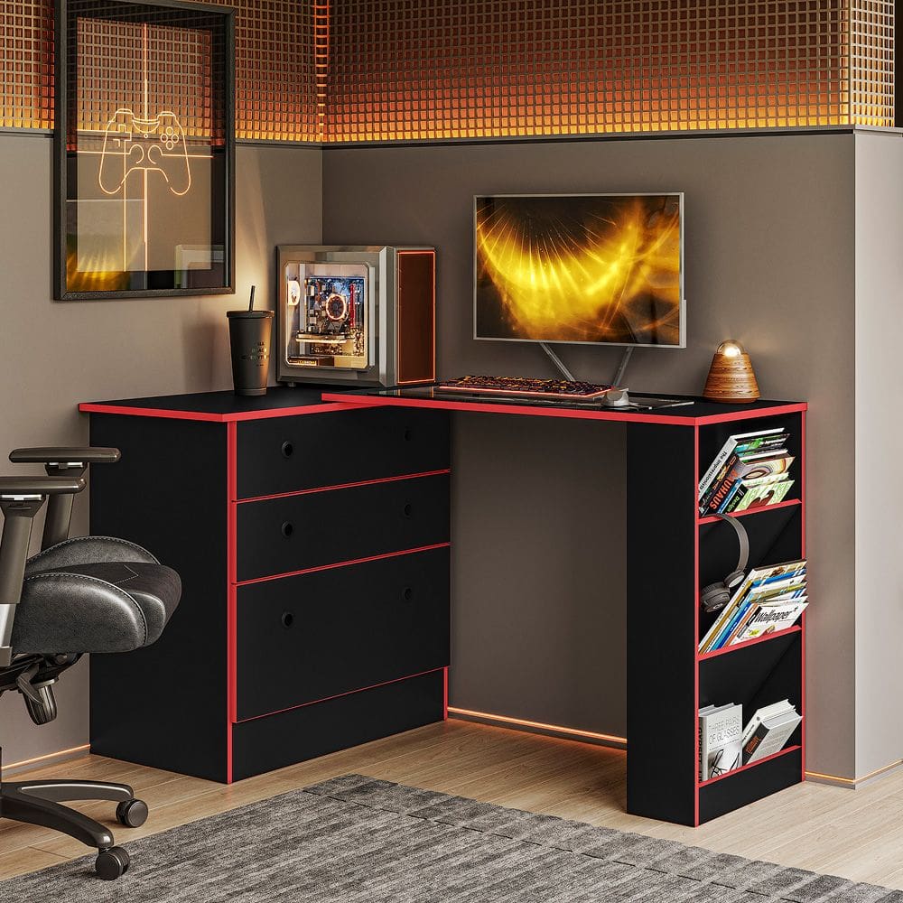 Cômoda com Mesa Giratória Gamer Preto Vermelho Qmovi