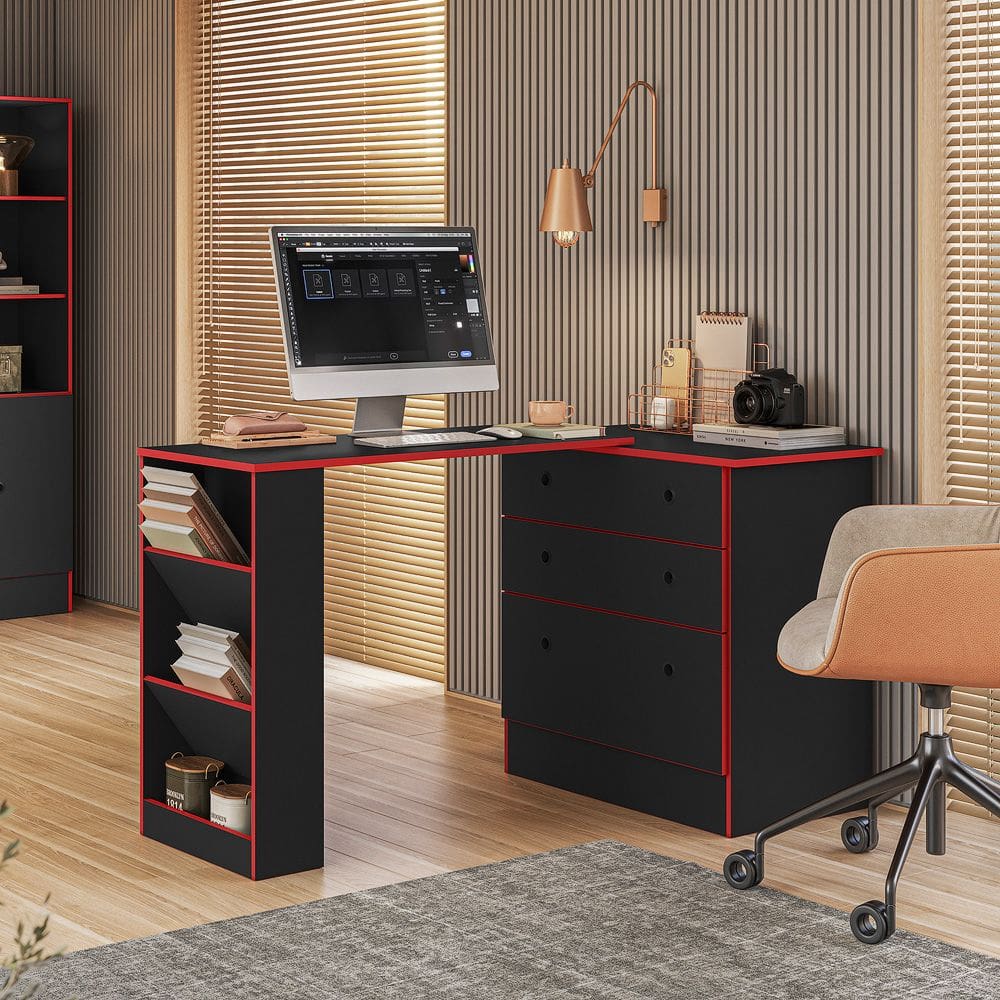 Conjunto Cômoda com Mesa Giratória e Armário Gamer Preto Vermelho Qmovi