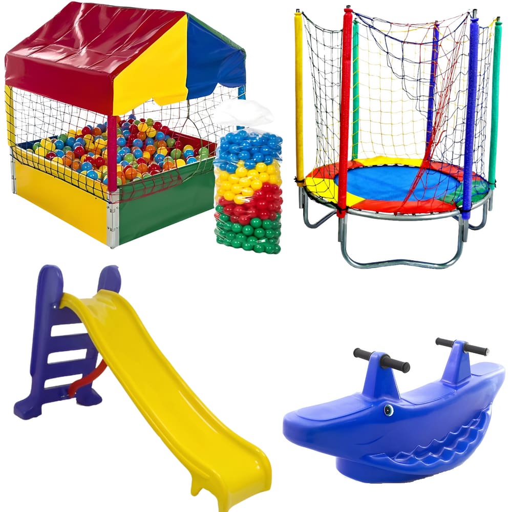 KIT PLAYGROUND Cama Elástica 1,40m Piscina de Bolinhas Quadrada 1,00m c/ 500 Bolinhas Escorregador Médio Gangorra 2 Lugar
