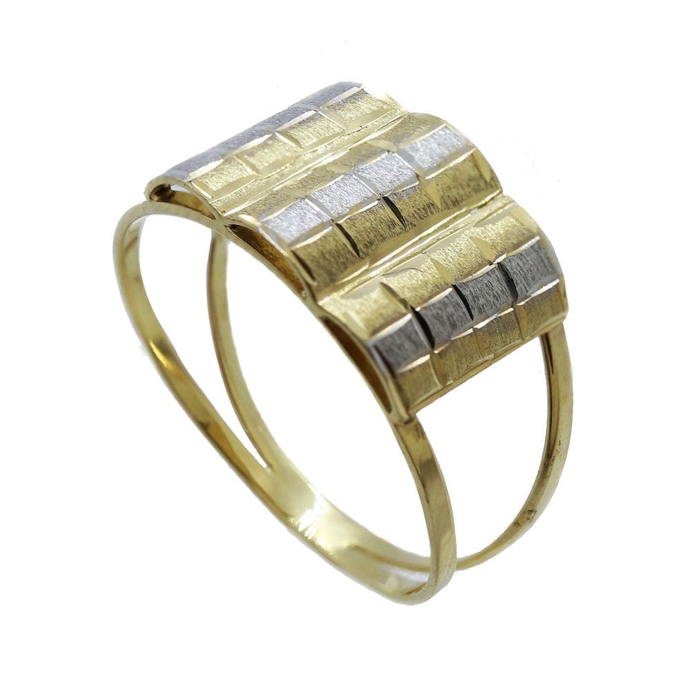 Anel Bombe Placas 2 Cores Ouro 18k 750 Fosco Escovado 2 Aros