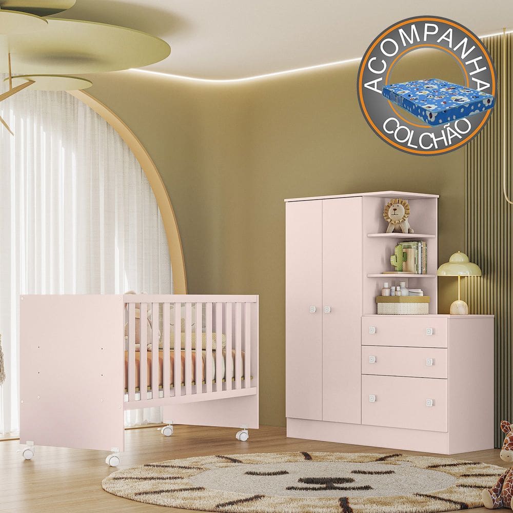 Quarto de Bebê com Berço Reto e Roupeiro Doce Sonho Rosa Qmovi + Colchão Ortobom