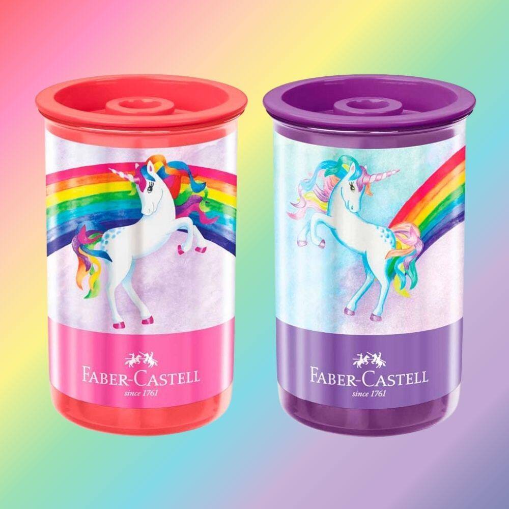 Kit 02 Apontador Escolar Decorado Redondo c/ Depósito Grande Colorido Unicórnio - Faber Castell?