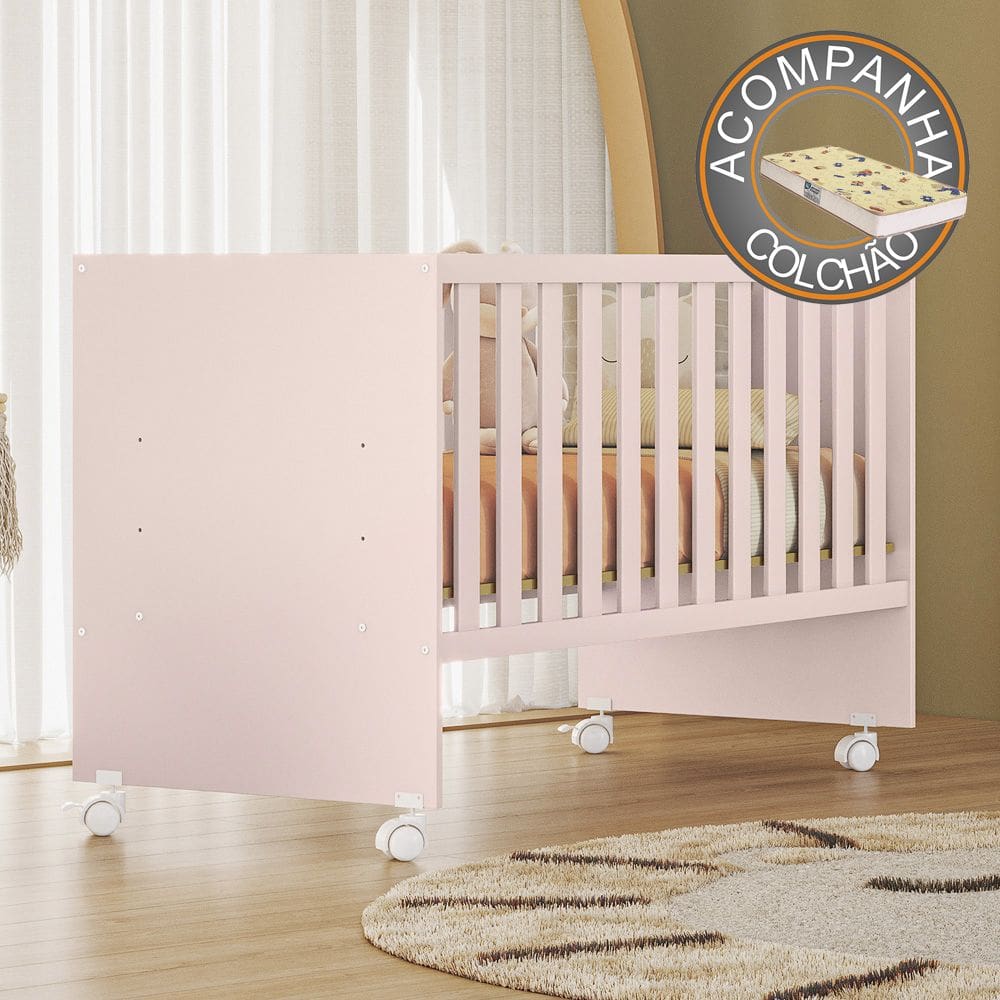 Berço Reto Doce Sonho com Rodizios Rosa Qmovi + Colchão Gazin