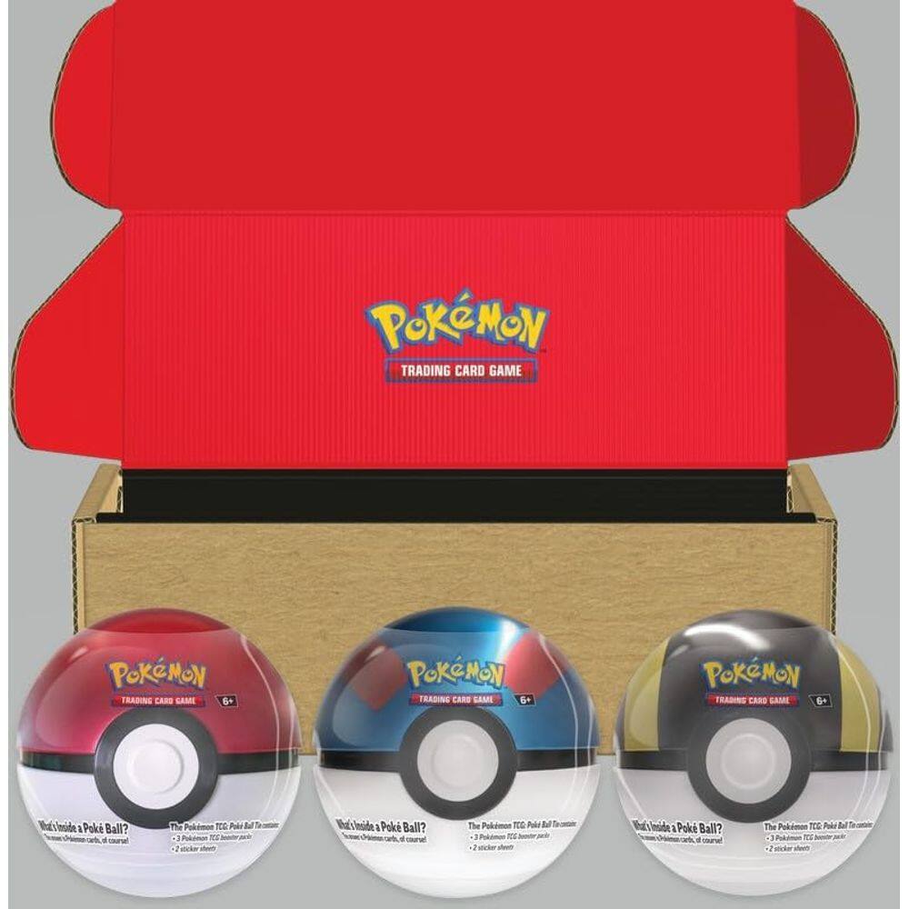 Pacote com 3 Pokémon TCG Poké Ball Tin, 2024, com pacotes de reforço
