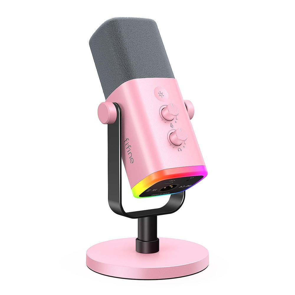 Microfone FIFINE XLR/USB AM8 rosa com entrada para fones de ouvido e RGB