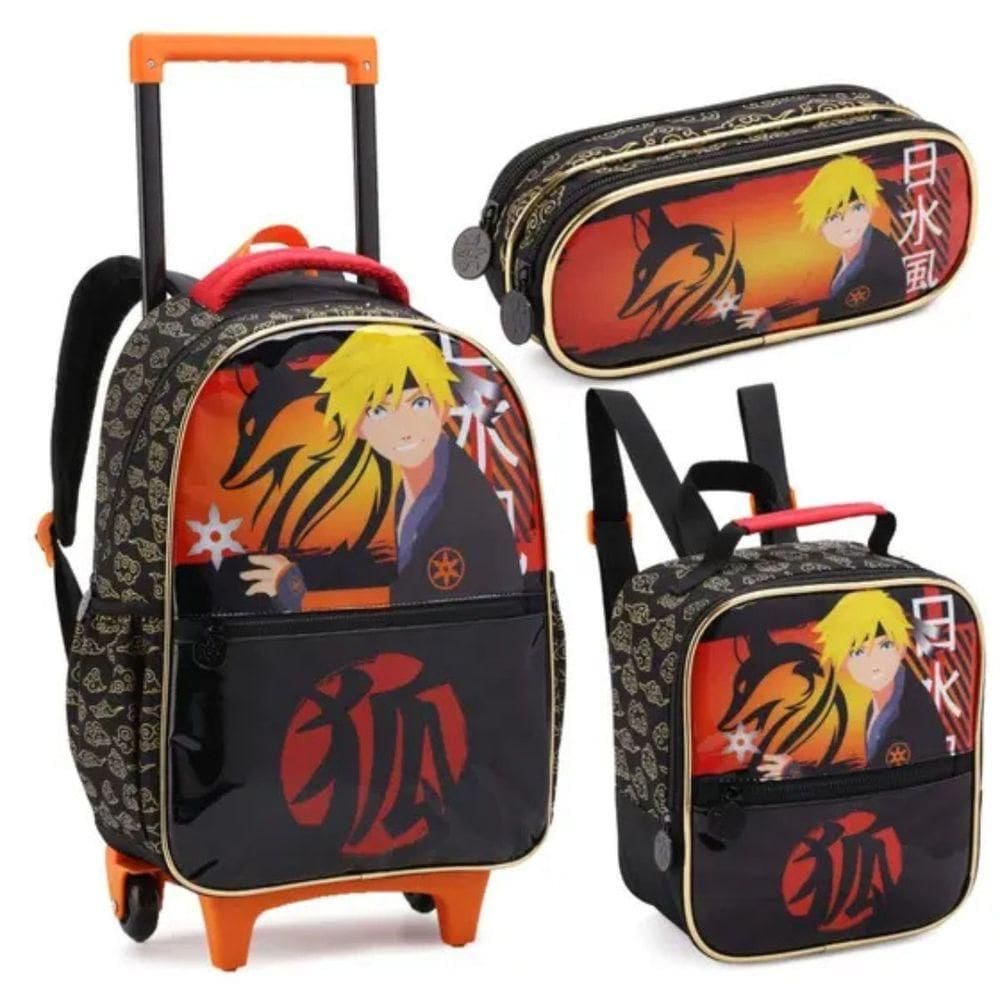 Kit Mochila Rodinhas Naruto Estojo Lancheira Infantil Escolar Menino Denlex