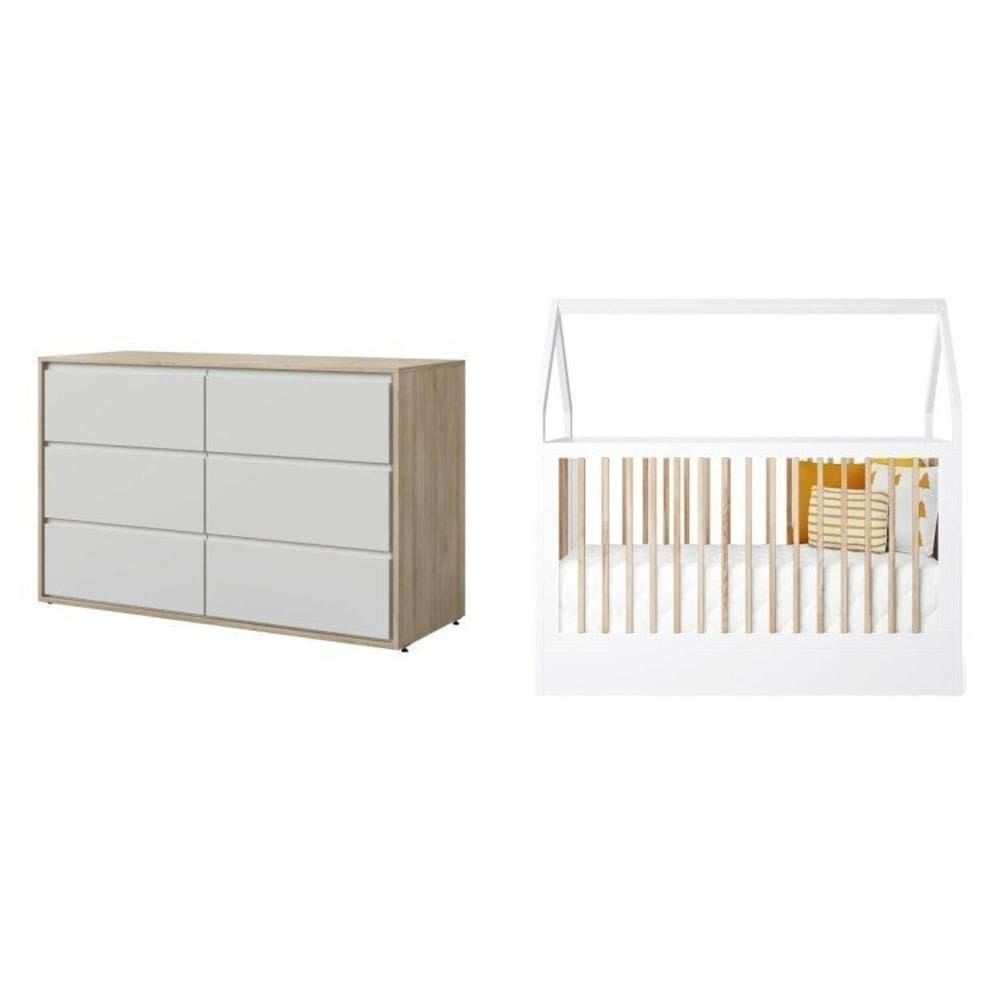 Berço com Colchão e Comoda Montessoriano Casinha Coleção Wood Branco/Treviso
