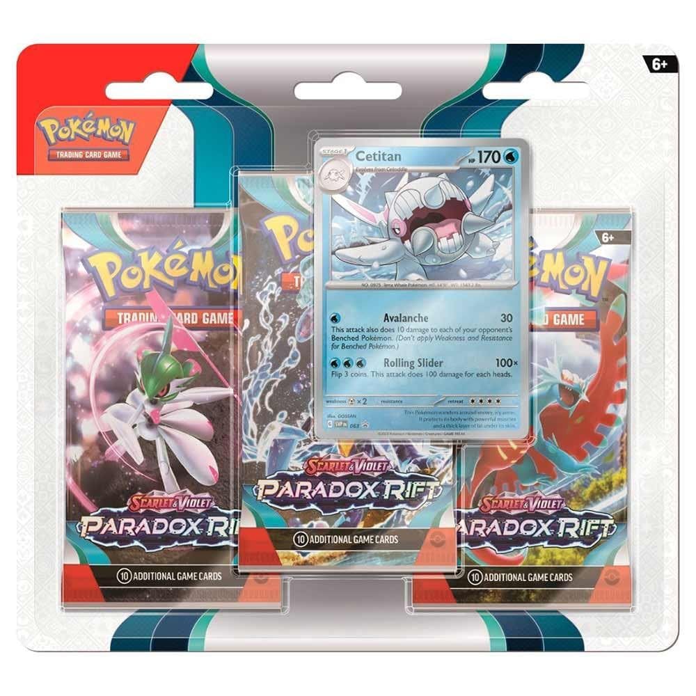 Pacote com 3 Pokémon TCG Blister Paradox Rift com Cetitan