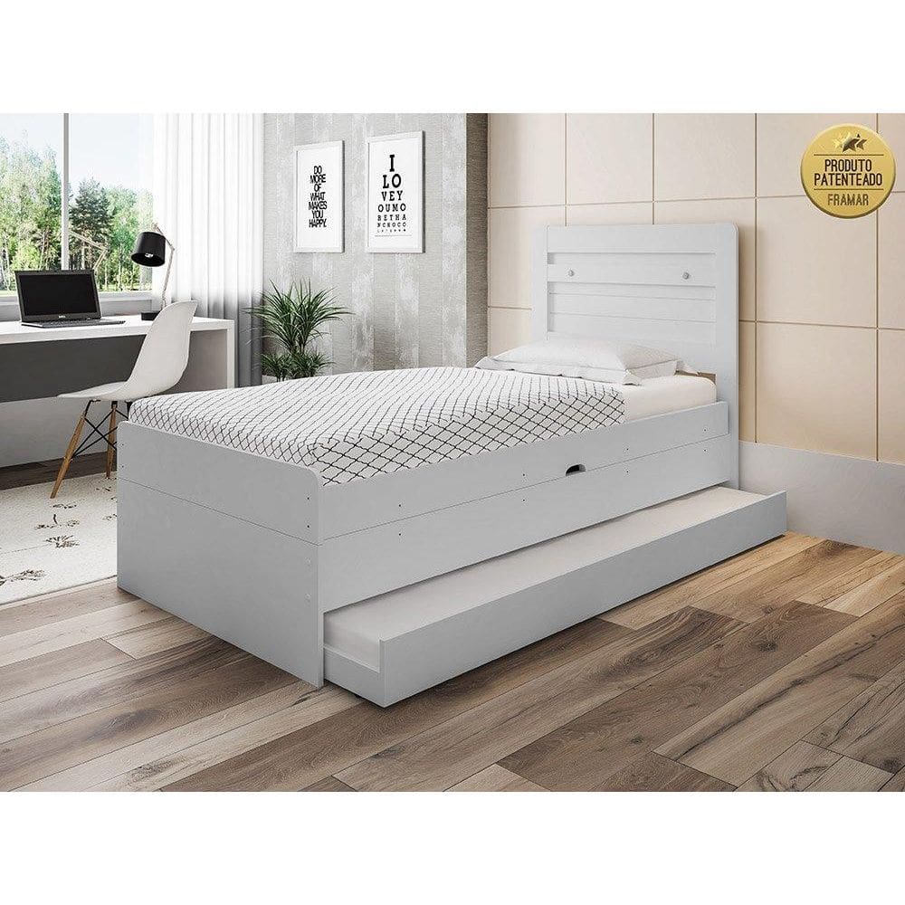 Cama Solteiro Bau Larissa Branca Com Cama Auxiliar
