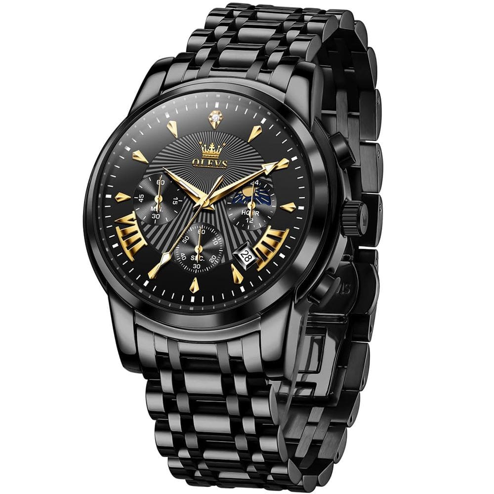 Relógio OLEVS Black Chronograph em aço inoxidável para homens