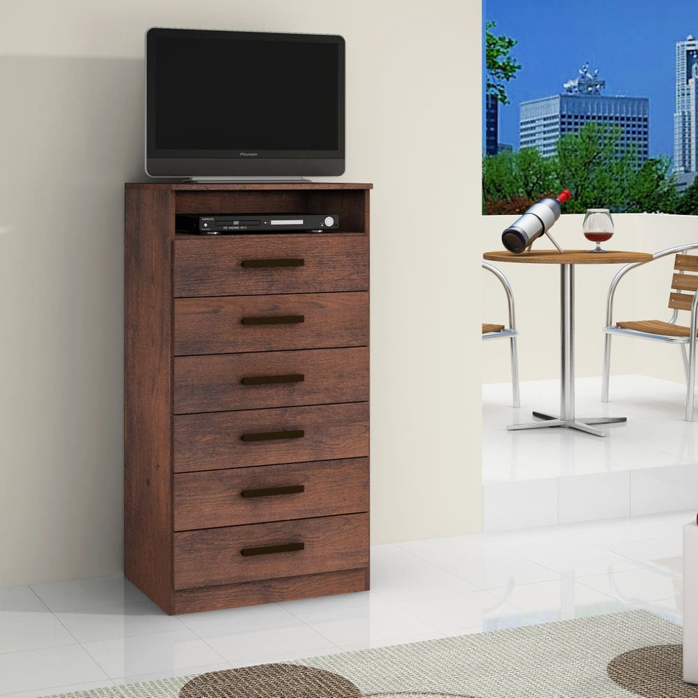 Cômoda Rack Multifuncional para TV com 6 Gavetas Café