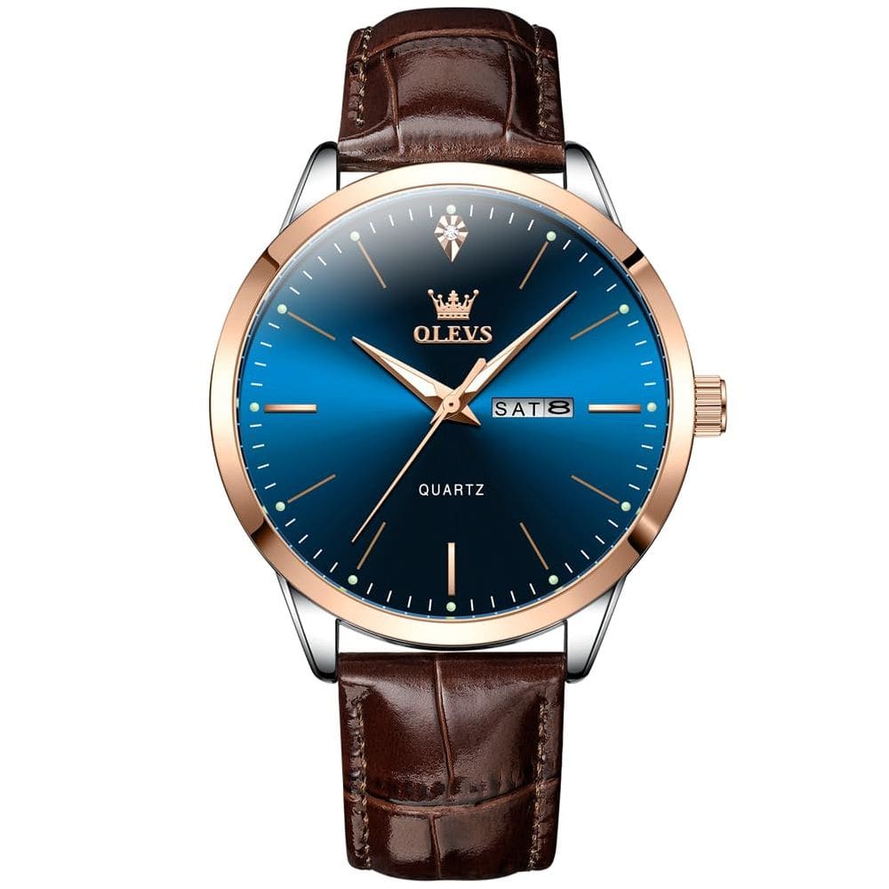 Relógio OLEVS: couro marrom, mostrador azul, 43 mm para homens