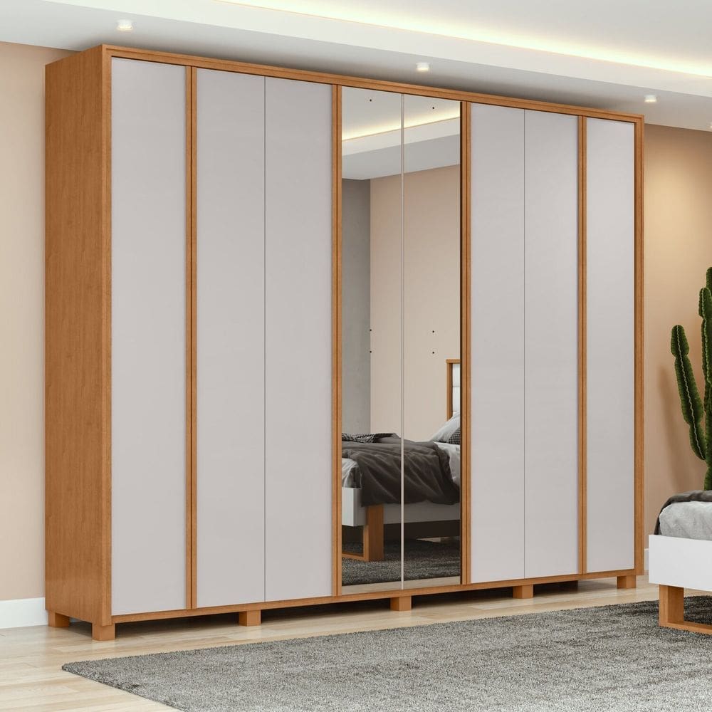 Guarda-roupa 8 Portas 6 Gavetas 100% Mdf com Espelho e Pés Ergon Marrom/Bege