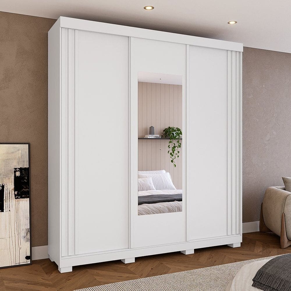 Guarda-roupa Casal 220cm 3 Portas com Espelho 100% Mdf Kamala Espresso Móveis Branco