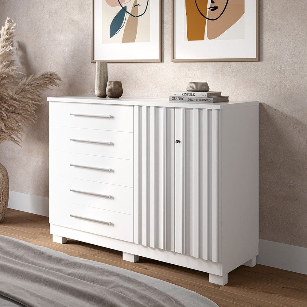 Cômoda 136cm 2 Portas e 5 Gavetas com Sapateira 100% Mdf Gérbera Branco