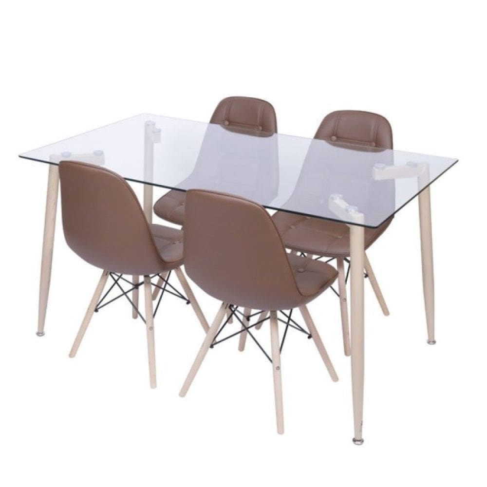 Conjunto de Sala de Jantar Mesa com Tampo de Vidro 4 Cadeiras Base de Madeira Estofadas Café