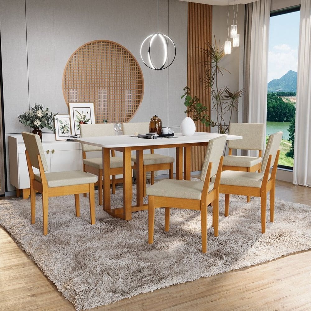 Conjunto Mesa Filadélfia Tampo Oval 6 Cadeiras Miami Cerejeira Tecido A40 100% Madeira Maciça Cerejeira/Palha