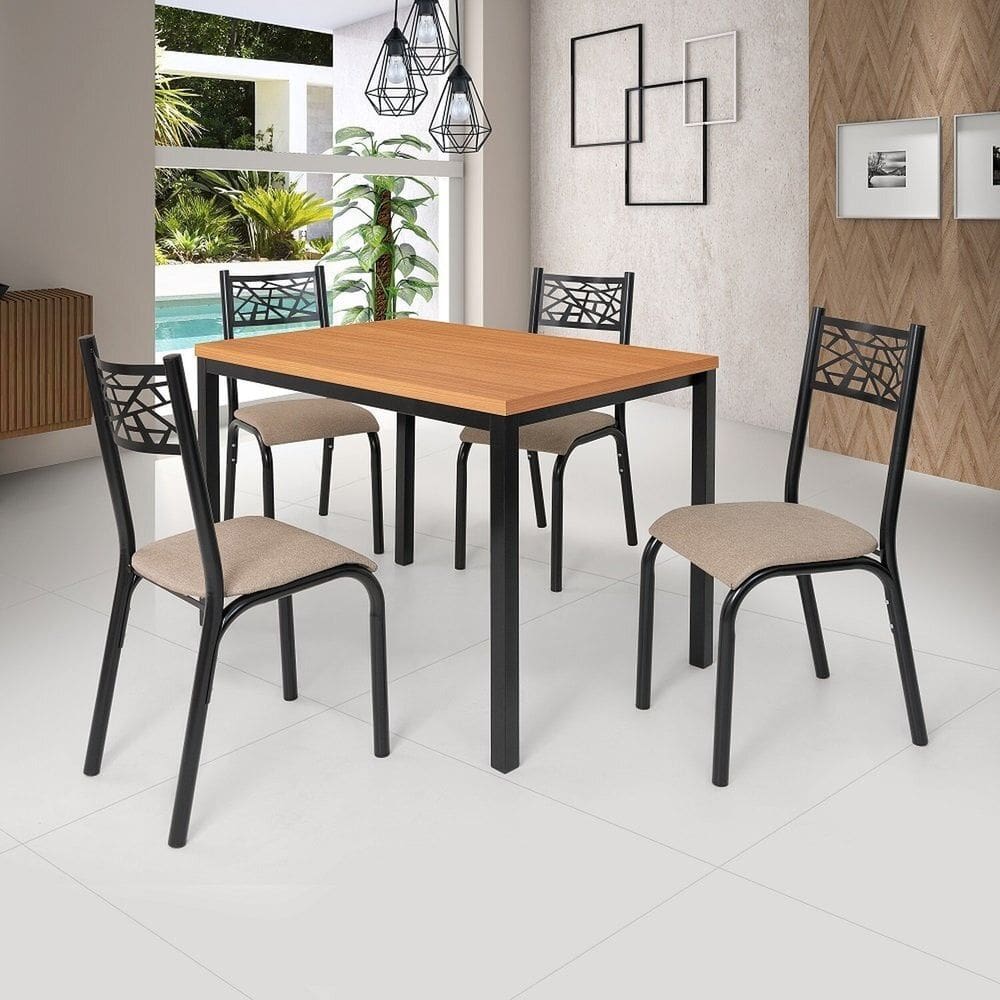 Conjunto Jade Flex 110cm Tampo Laminado com 4 Cadeiras Preto Fosco/Bege/Freijo