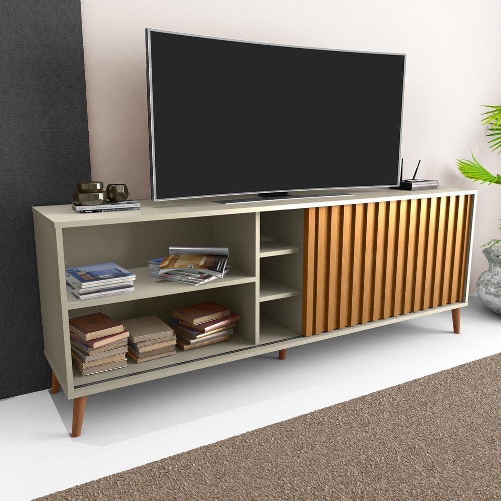 Rack Minimalista Bacada Sala para Tv até 50 Polegadas com Porta Deslizante Luara 160x60cm Off white / Ipe
