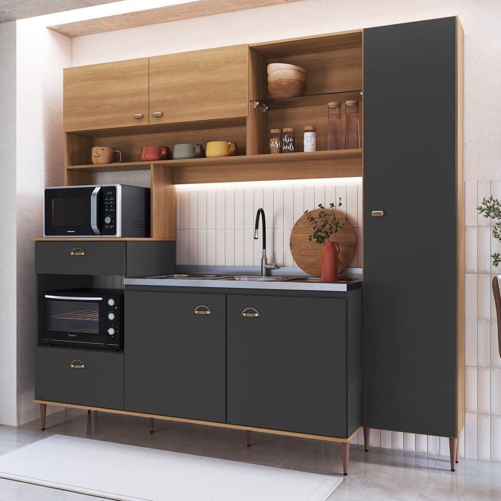Cozinha Compacta Completa 6 Portas 1 Gaveta Espaço Forno e Microondas e Paneleiro Karina Marrom/Cinza