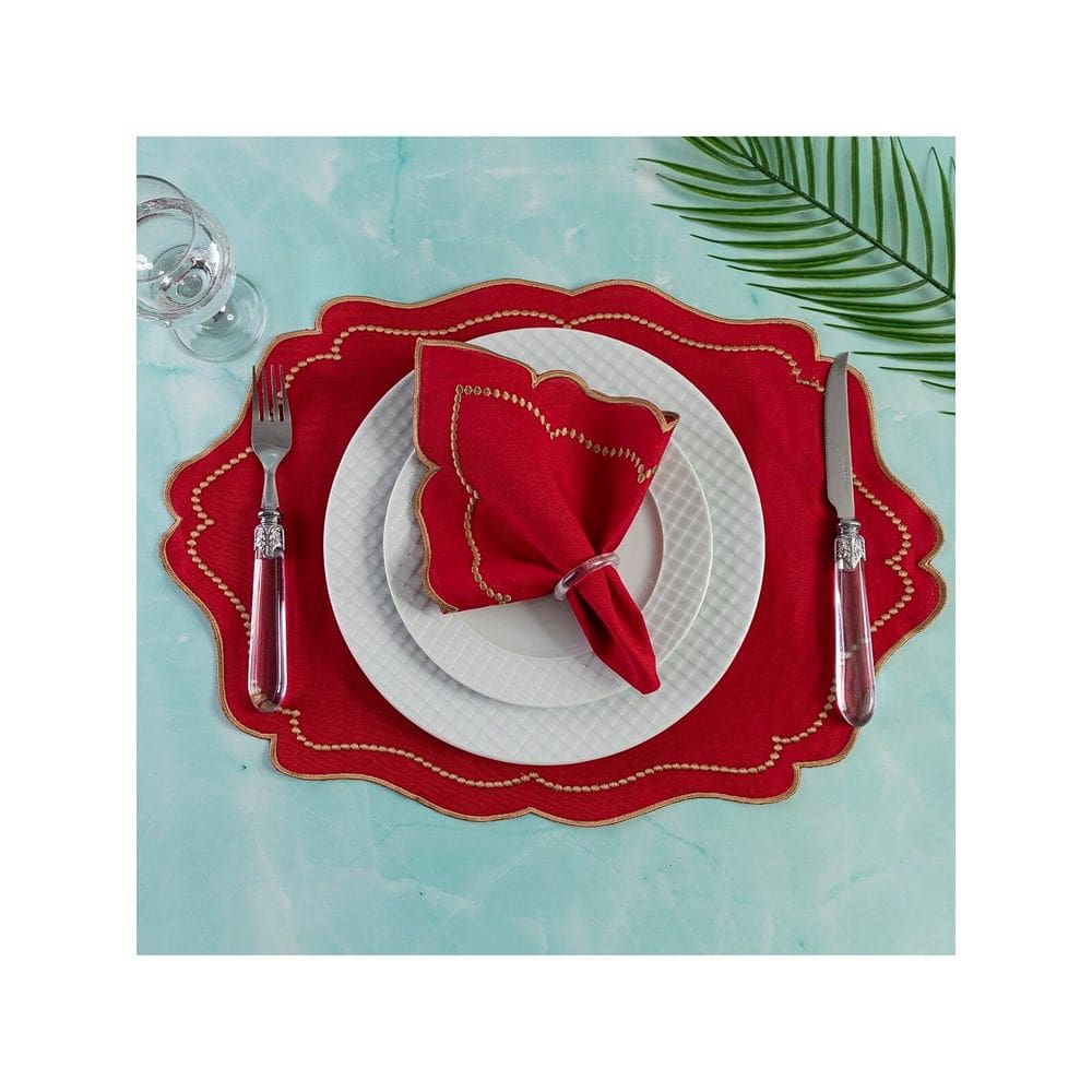 Jogo Americano Realeza 12 Peças Para Mesa De 6 Lugares Vermelho Bordado Dourado