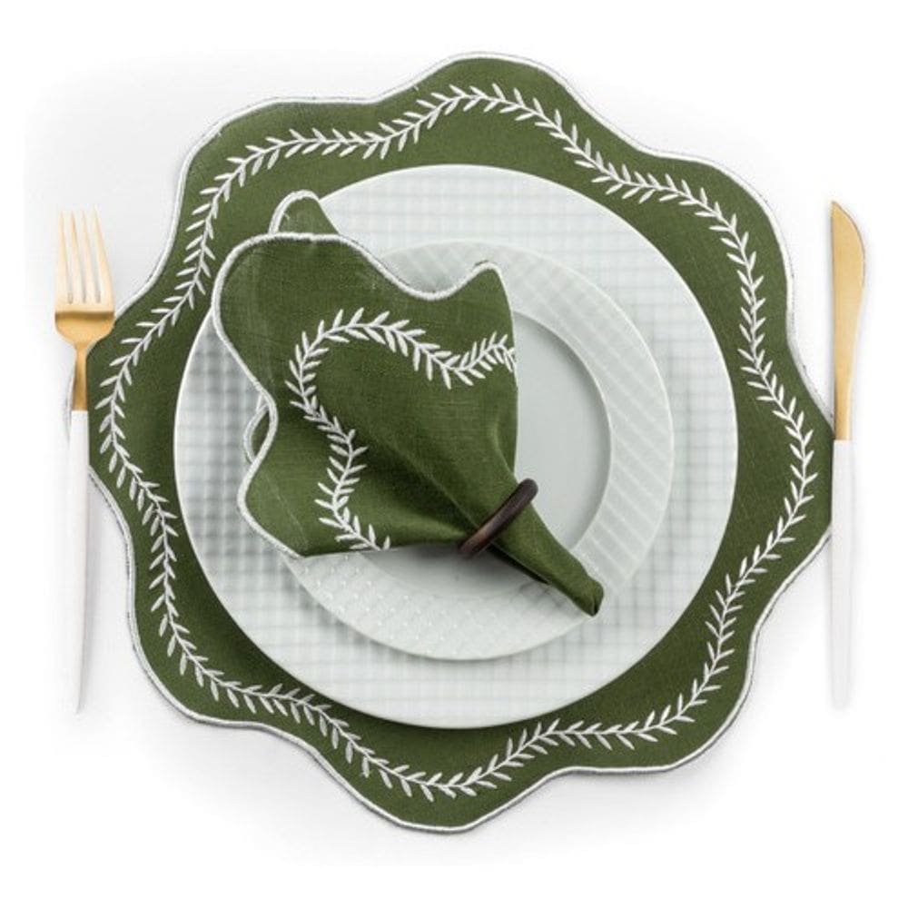 Jogo Americano Paris 12 Peças Para Mesa De 6 Lugares Verde Bordado Branco