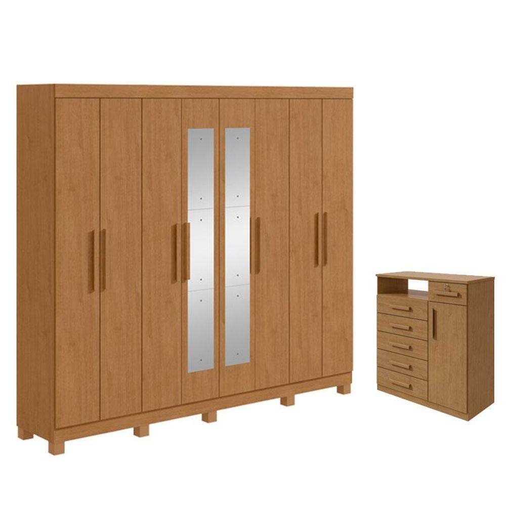 Guarda Roupa Casal Andara Soft com Espelho e Pés com Cômoda Sapateira Da Vinci Amêndoa Clean - Lopas