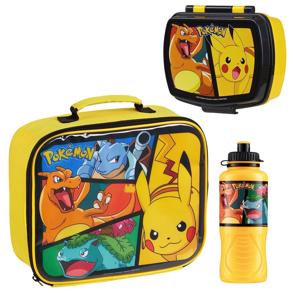 Conjunto de lancheira Pokémon Kids isolado com lancheira e garrafa
