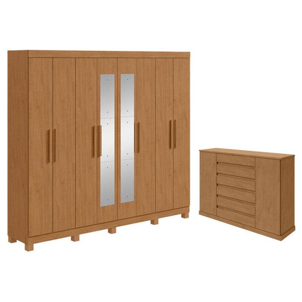 Guarda Roupa Casal Andara Soft com Espelho e Pés com Cômoda Sapateira Vedra Amêndoa Clean - Lopas
