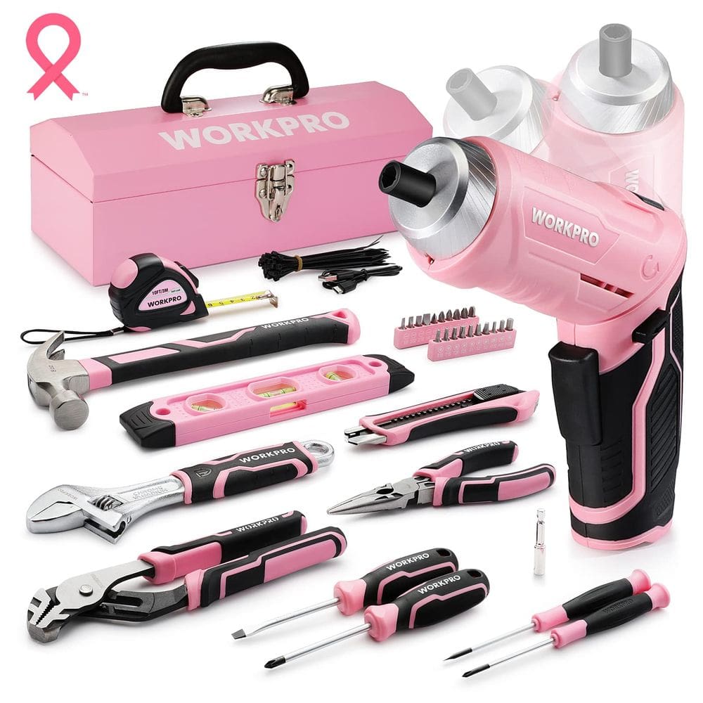 Conjunto de ferramentas WORKPRO 75 peças rosa com chave de fenda sem fio de 3,7 V