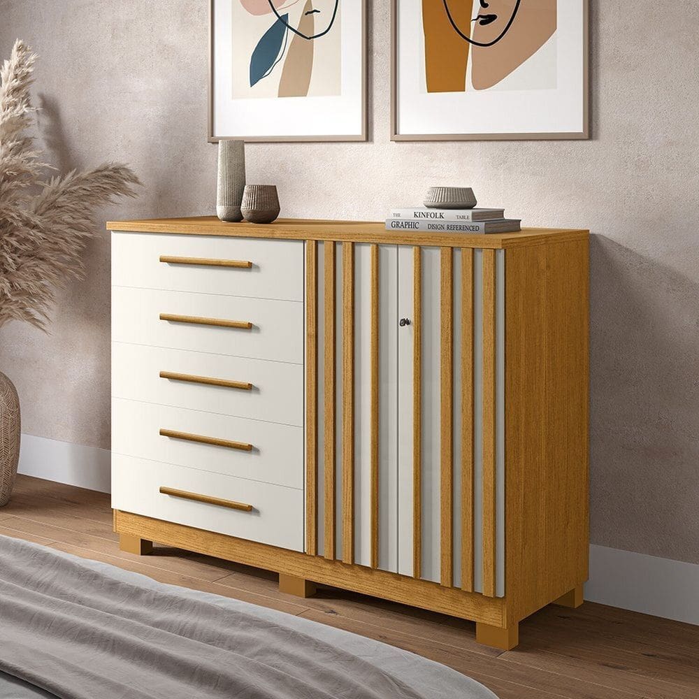 Cômoda 136cm 2 Portas e 5 Gavetas com Sapateira 100% Mdf Gérbera Cinamomo/Off-White