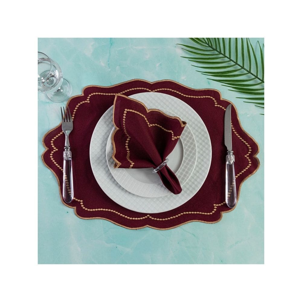 Jogo Americano Realeza  4 Peças Para Mesa De 2 Lugares Bordô Bordado Dourado