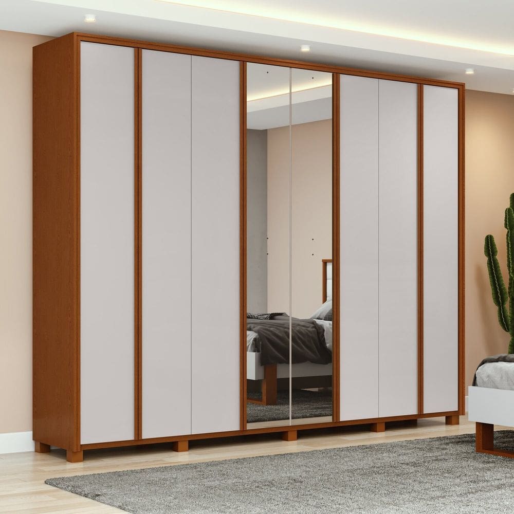 Guarda-roupa 8 Portas 6 Gavetas 100% Mdf com Espelho e Pés Ergon Marrom/Bege