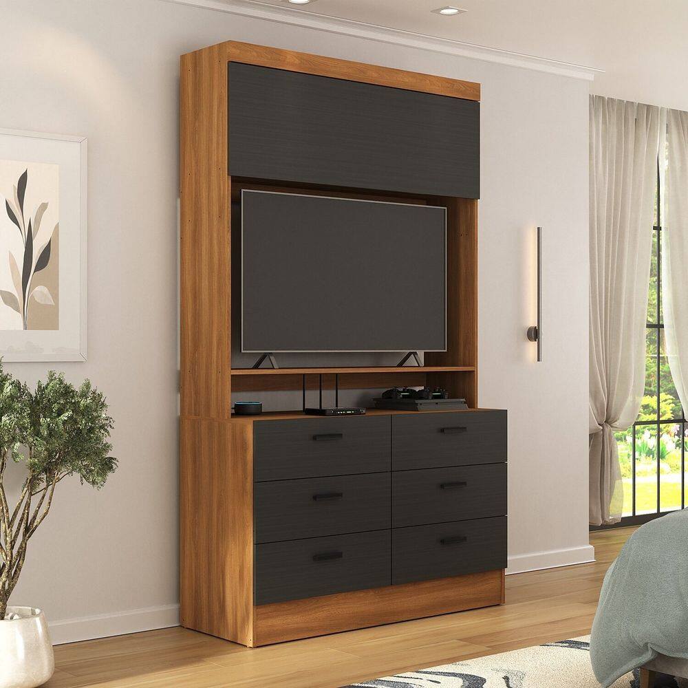 Cômoda para Quarto para Tv até 42 Polegadas Viena 1 Porta 6 Gavetas Yescasa Nogal/Grafite